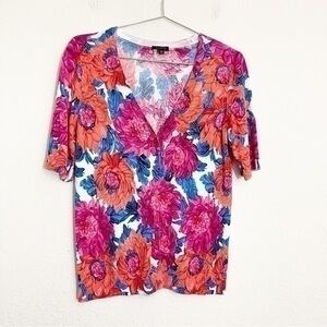 Talbots Short Sleeve Floral Print Button Down Cardigan XS Blue/Pink Lightweight